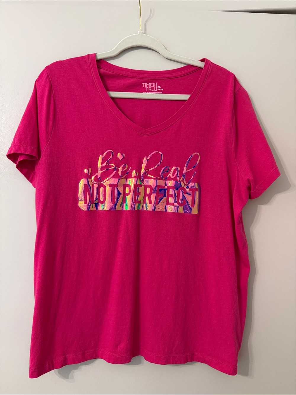 Time and Tru Pink V-Neck Tee with Colorful 'Be Real Not Perfect' Graphic